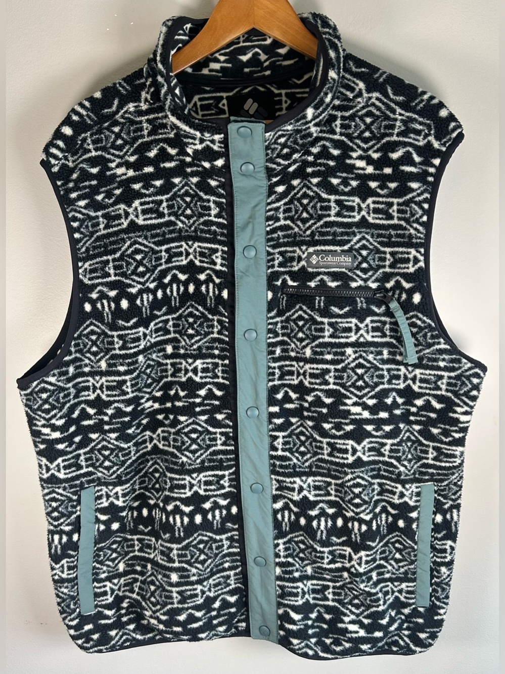 Columbia Men's Helvetia Vest Sweater Black Geo Print Sz XXL Fleece Button Up EUC